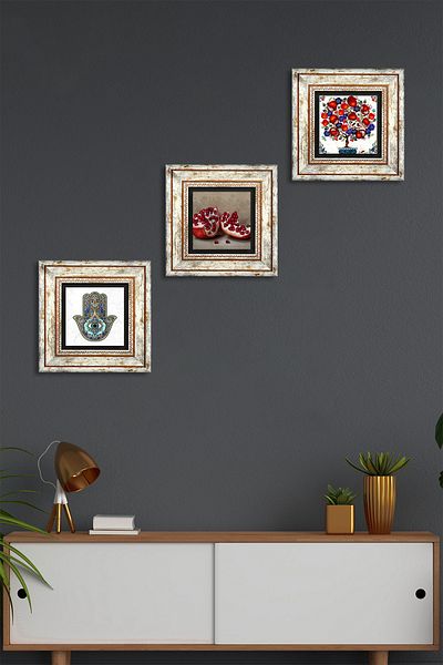 Pinecone Rodie, arbore de rodie, mână Fatma (HAMSA) pictură pe perete cu piatră, decor de perete înrămat, set de 3 piese Tk3-22
