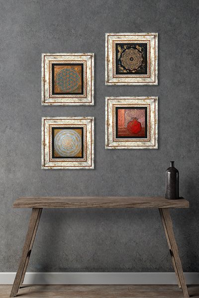 Pinecone Floarea vieții, Sri Yantra, pictură pe perete cu piatră de rodie, decor de perete înrămat, set de picturi 4 piese Tk4-555