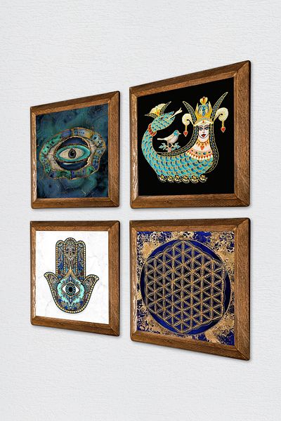 Pinecone Evil Eye, Floarea Vieții, Şahmeran, Mâna Domnii Fatma (hamsa) Pictură pe perete cu piatră Decor de perete cu rame din lemn