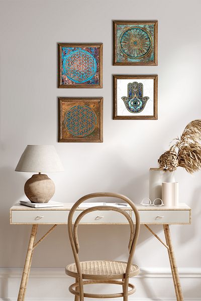 Pinecone Floarea vieții, Fatma Mâna Maicii Pictură pe perete din piatră Decor de perete cu rame din lemn Set de picturi din 4 piese W4-422