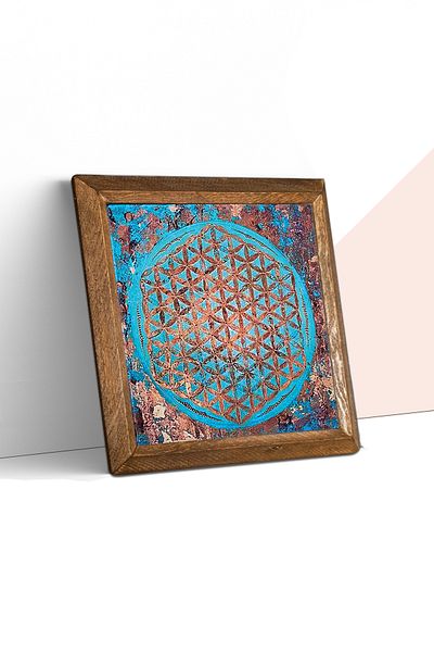 Pinecone Flower of Life Stone Wall Painting Wooden Framed Wall Decor Wall Art 25X25Cm W1-190