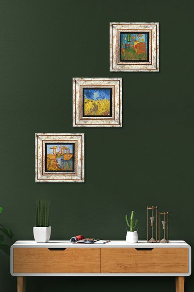 Pinecone Van Gogh Pictură pe perete cu piatră Decorație de perete înrămată Set de pictură din 3 piese Wall Art Tk3-544