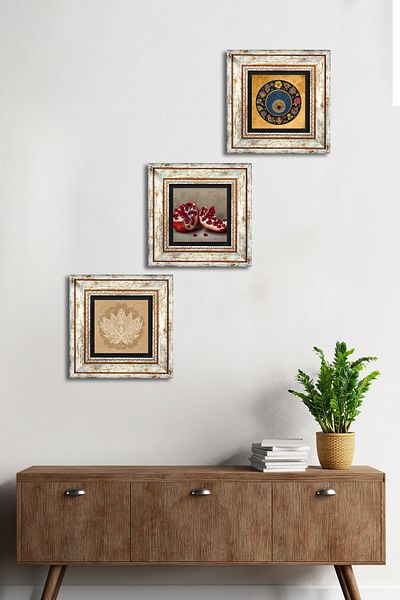 Pinecone Lotus Flower, Evil Eye, Pomegranate Stone Wall Painting Framed Wall Decor 3 Piece Painting Set Tk3-1605