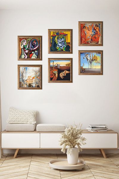 Pinecone Picasso, Salvador Dali Stone Wall Painting with Wooden Frame Wall Decor 6 Piece Painting Set Wall Art