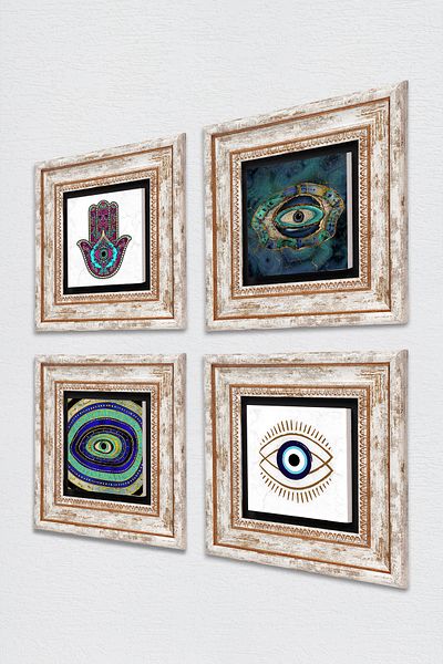 Pinecone Evil Eye, Fatma Mother Hand (Hamsa) Stone Wall Painting Framed Wall Decor 4 Piece Painting Set Tk4-1454