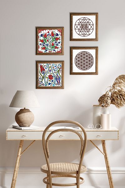 Pinecone Tulip, Flower of Life, Sri Yantra Stone Wall Painting Wooden Framed Wall Decor Set of 4 Paintings