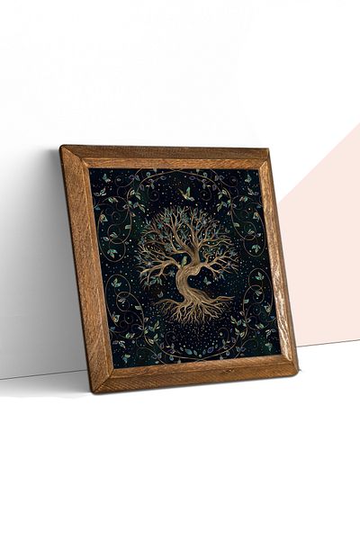 Pinecone Δέντρο της Ζωής Πέτρινη Ζωγραφική Τοίχου με Ξύλινο Πλαίσιο Διακόσμηση Τοίχου Τέχνη τοίχου 25x25cm W1-141