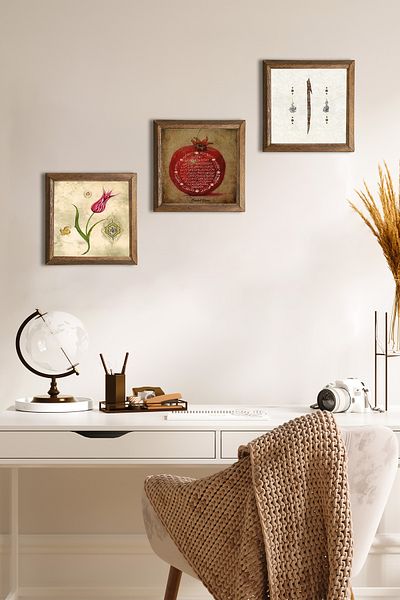 Pinecone Lale Ebru Art, Elif, Rugăciunea Abundance Pictură pe perete din piatră Decor de perete cu rame din lemn Set de picturi din 3 piese
