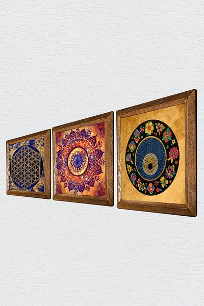 Pinecone Mandala, Flower of Life, Evil Eye Stone Wall Painting Wood Framed Wall Decor 3-Piece Painting Set W3-374