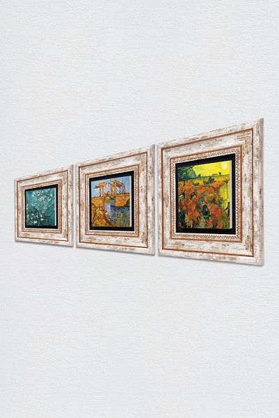 Pinecone Van Gogh Red Vineyard, Langlois Bridge, Almond Tree Stone Wall Painting Framed Wall Decor 3 Piece
