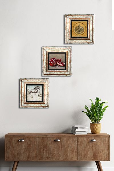 Pinecone Ayet-el Kursi, Pomegranate, Horse Stone Wall Painting Πλαίσιο Διακόσμηση τοίχου 3 τεμαχίων Σετ ζωγραφικής Wall Art Tk3-1351