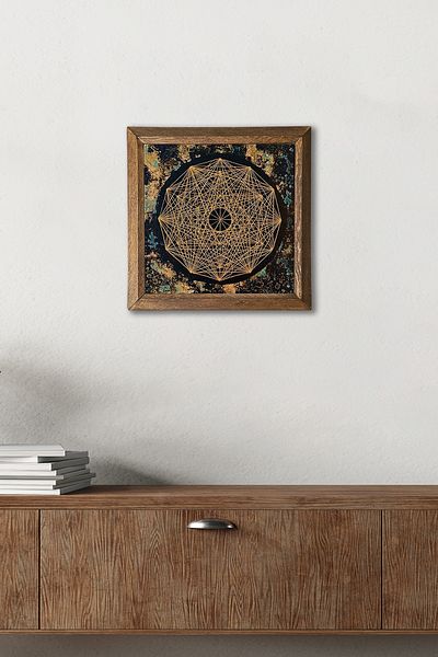 Pinecone Sri Yantra Stone Wall Painting with Wooden Frame Wall Decor Wall Art 25X25Cm W1-191