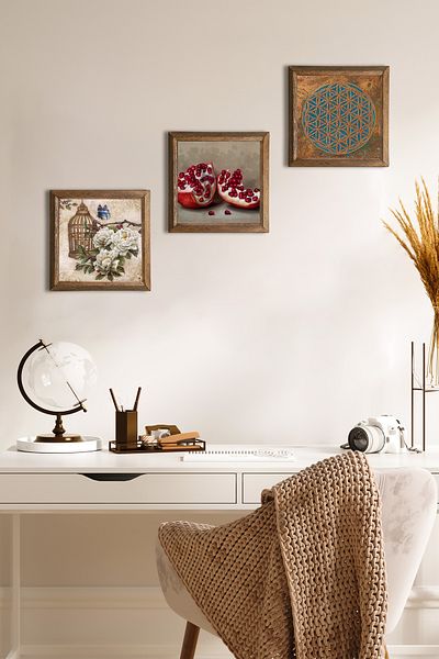 Pinecone Flower of Life, Butterfly Flower, Pomegranate Stone Wall Painting Wood Framed Wall Decor Painting W3-1123
