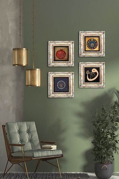 Pinecone Vav, Evil Eye, Prayer of Fertility Stone Wall Painting Framed Wall Decor 4 Piece Painting Set Tk4-222