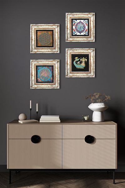 Pinecone Floarea vieții, arta țiglă, pictură pe perete din piatră Shahmeran, decor de perete înrămat, set de picturi din 4 piese Tk4-445