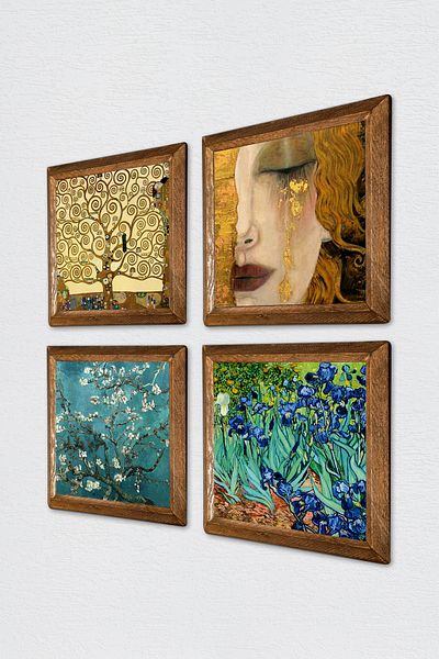 Pinecone Van Gogh, Gustav Klimt Stone Wall Painting Wood Framed Wall Decor 4 Piece Painting Set W4-1037