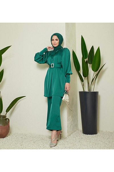 Ahel Tasarım Satin Stone Detailed Evening Dress Set