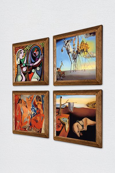 Pinecone Salvador Dali, Picasso Stone Wall Painting with Wood Frame Wall Decor 4 Piece Painting Set W4-694