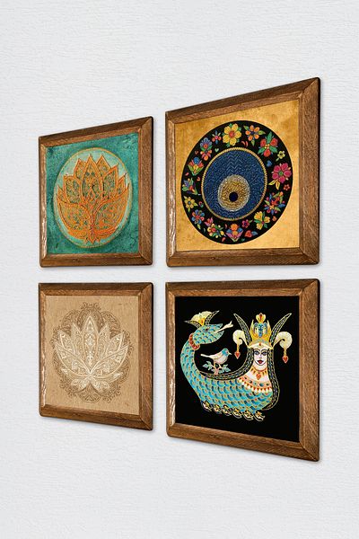 Pinecone Lotus Flower, Evil Eye, Shahmeran Stone Wall Painting Wooden Framed Wall Decoration Set of 4 Paintings