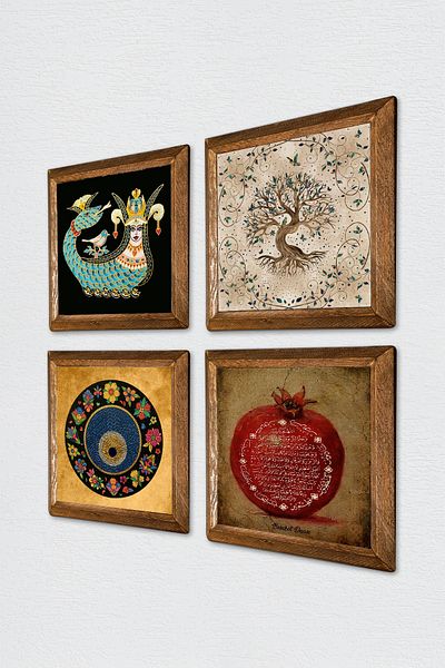 Pinecone Evil Eye, Prayer of Fertility, Shahmeran, Tree of Life Stone Wall Painting Wooden Framed Wall Decoration 4 Piece Painting