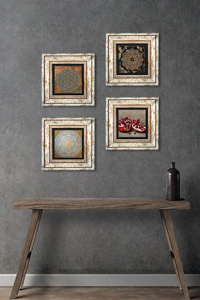 Pinecone Λουλούδι της Ζωής, Sri Yantra, Πέτρινος Τοίχος Ρόδι Διακόσμηση Τοίχου με κορνίζα 4 τεμαχίων Σετ ζωγραφικής Tk4-553