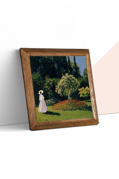 Pinecone Claude Monet Woman in the Garden Stone Wall Painting with Wooden Frame Wall Decor Wall Art 25X25Cm