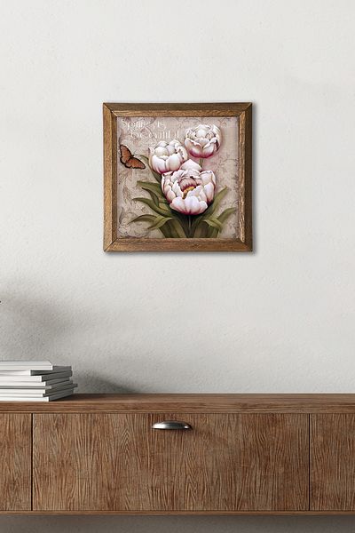 Pinecone Butterfly Flower Stone Wall Painting Wooden Framed Wall Decor Wall Art 25X25Cm W1-14
