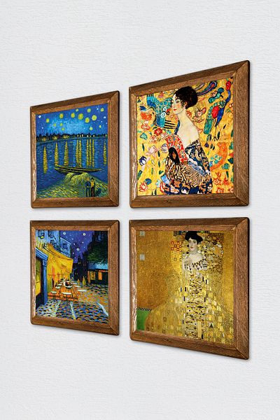Pinecone Van Gogh, Gustav Klimt Stone Wall Painting with Wood Frame Wall Decor 4 Piece Painting Set W4-680