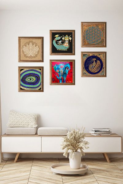 Pinecone Flower of Life, Elephant, Evil Eye, Peacock, Lotus Flower, Shahmeran Stone Painting Wall Decor with Wooden Frame