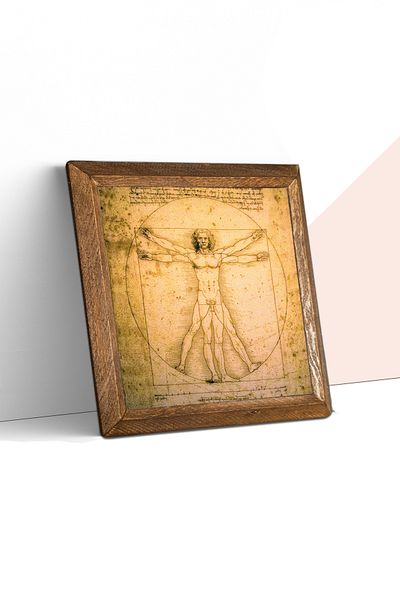 Pinecone Leonardo Da Vinci Vitruvian Man Pictură pe perete din piatră cu cadru din lemn Decor de perete Artă de perete 25x25cm