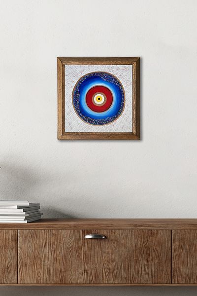 Pinecone Επιτοίχια ζωγραφική με πέτρα Evil Eye με ξύλινο πλαίσιο Διακόσμηση τοίχου 25x25cm W1-244