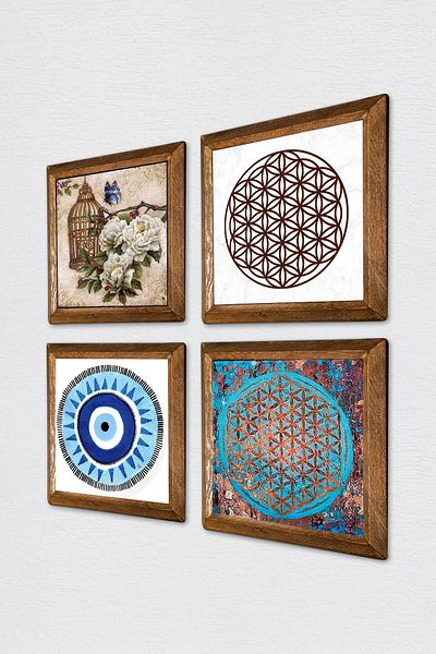 Pinecone Evil Eye, Flower of Life, Butterfly Flower Stone Wall Painting Wooden Framed Wall Decor Painting W4-831