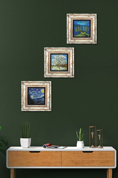 Pinecone Van Gogh Stone Wall Painting Framed Wall Decor 3 Piece Painting Set Wall Art Tk3-501