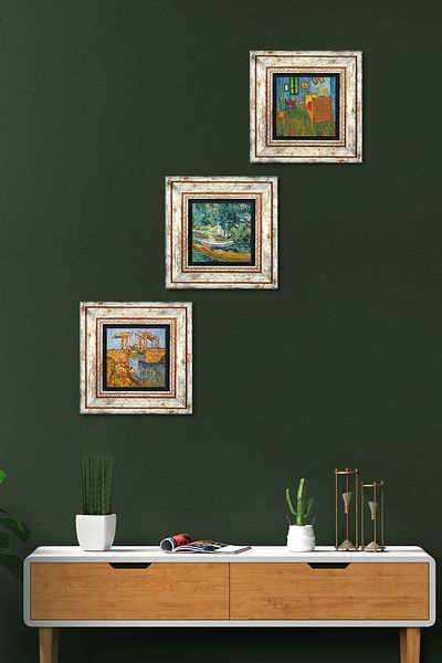 Pinecone Van Gogh Pictură pe perete cu piatră Decor de perete înrămat Set de pictură 3 piese Artă de perete Tk3-540
