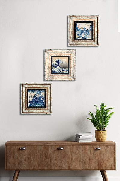 Pinecone Japanese Art, Mount Fuji, Great Wave Stone Wall Painting Framed Wall Decor 3 Piece Set Wall Art