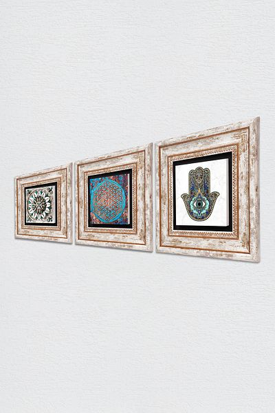 Pinecone Flower of Life, Art of Chinan, Fatma Mother Hand (Hamsa) Stone Wall Painting Framed Wall Decor Tk3-319
