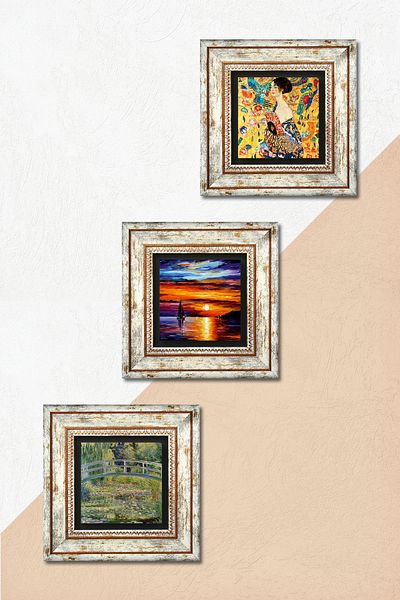 Pinecone Gustav Klimt, Seascape, Claude Monet Stone Wall Painting Framed Wall Decor Set of 3 Paintings