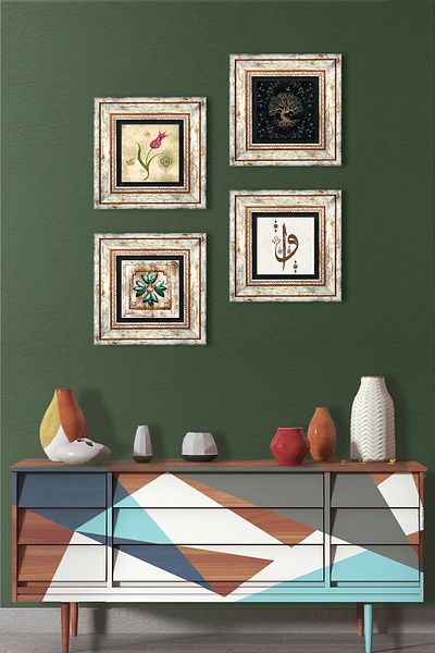 Pinecone Elif Vav, Arborele Vieții, Lalea, Model marocan Pictură de perete din piatră vintage Decorație de perete înrămată Tk4-359