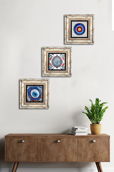 Pinecone Evil Eye, Tile Art Stone Wall Painting Πλαίσιο Διακόσμηση τοίχου 3 τεμαχίων Σετ ζωγραφικής Wall Art Tk3-1962
