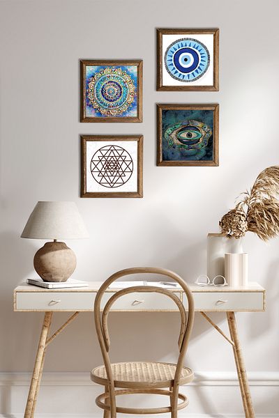 Pinecone Mandala, Evil Eye, Sri Yantra Pictură pe perete din piatră Decor de perete cu rame din lemn Set de 4 picturi W4-1006