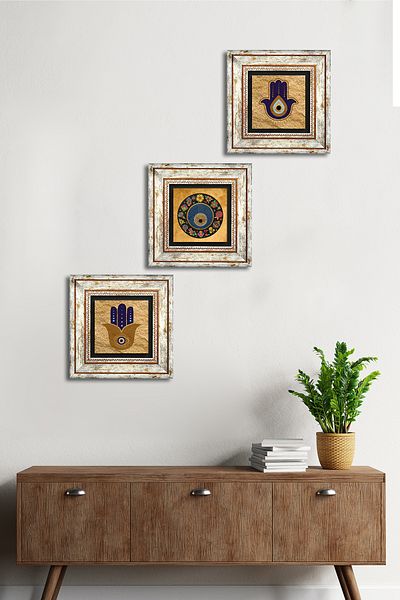 Pinecone Fatma Mother Hand (Hamsa), Nazar Stone Wall Painting Framed Wall Decor 3 Piece Painting Set Tk3-1908