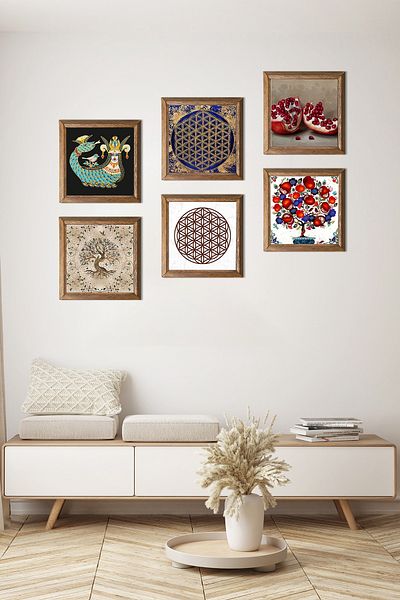 Pinecone Flower of Life, Shahmeran, Tree of Life, Pomegranate, Pomegranate Tree Stone Wall Painting Wood Framed Wall Decor