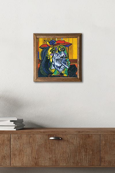 Pinecone Pablo Picasso Plângând Femeie Pictură pe Piatră Decor de Perete cu Cadru din Lemn Artă de Perete 25x25cm