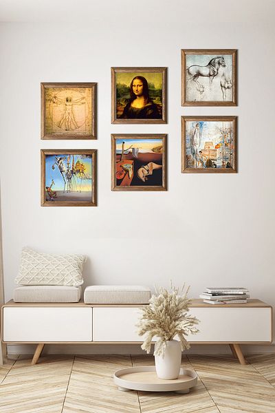 Pinecone Leonardo Da Vinci, Salvador Dali Stone Wall Painting with Wooden Frame Wall Decor 6 Piece Painting Set