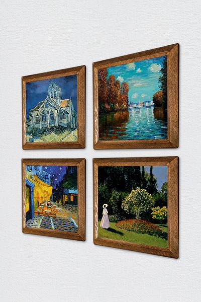 Pinecone Van Gogh, Claude Monet Stone Wall Painting with Wood Frame Wall Decor 4 Piece Painting Set W4-683