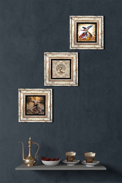 Pinecone Tree of Life, Whirling Dervish Stone Wall Painting Framed Wall Decor 3 Piece Painting Set Wall Art