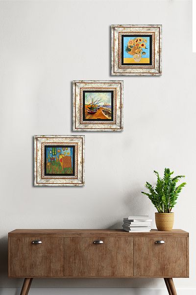 Pinecone Van Gogh Pictură pe perete cu piatră Decorație de perete înrămată Set de pictură din 3 piese Wall Art Tk3-553