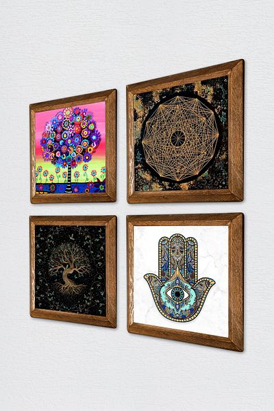 Pinecone Sri Yantra, Tree of Life, Hand of Mother Fatima (Hamsa) Stone Wall Painting Wood Framed Wall Decor