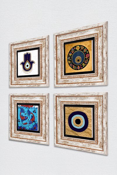 Pinecone Fatma Mother Hand (Hamsa), Chinese Art Fish, Evil Eye Stone Wall Painting Framed Wall Decor 4 Piece Painting