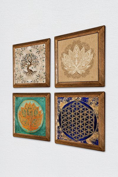 Pinecone Lotus Flower, Flower of Life, Tree of Life Stone Wall Painting Wood Framed Wall Decor Painting W4-817